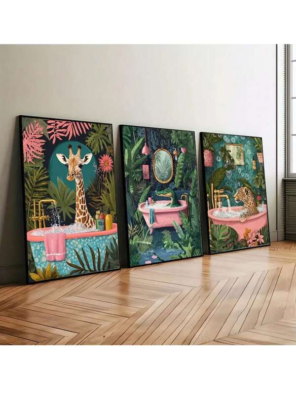 CPWAD Set de 3 pósteres de lienzo con decoración bohemia de animales para el baño - jirafas, leopardos y cocodrilos en la bañera, con diseño tropical y vibrante de la selva, murales sencillos para decoración moderna de pared, habitación, dormitorio y hogar, sin marco