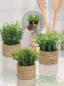 3 pièces / Set Petite plante en pot en rotin, plante artificielle en herbe, corde en herbe de mer, cadeau, plante de simulation, motte d'herbe, vert, matériau en PE, matériau en fibre de polyester, décoration de saison de mariage, décoration de saison de remise des diplômes, décoration de printemps/été, ornements, décorations de bureau scolaire et de dortoir, décorations d'événements, décorations de fête d'anniversaire et de vacances, décoration de porte d'entrée de maison, salle à manger d'hôtel, salon, chambre à coucher, fête de mariage, cuisine, jardin