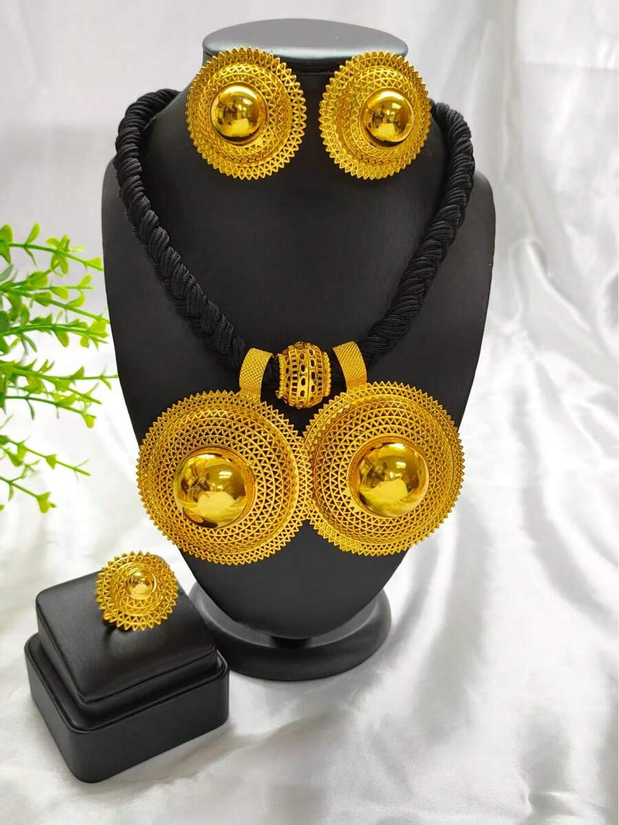 1 Vòng cổ, 1 Đôi Hoa tai, 1 Nhẫn Bộ trang sức thời trang, Mặt dây chuyền tròn dây đen mạ vàng, Bộ 3 món, Phù hợp cho: Cô dâu Châu Âu, Châu Phi, Trung Đông, Dubai, Đám cưới, Tiệc tùng, Halloween, Giáng sinh, Ngày lễ tình nhân, Ngày của mẹ, Sinh nhật, Quà tặng ngày lễ, Vòng cổ, Vòng tay, Hoa tai đeo hàng ngày - Vàng - Xem 1