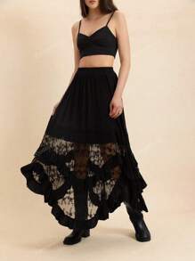 Rusttydustty Gonna midi a pieghe elegante e vintage in stile bohémien, con elementi in pizzo nero e motivo asimmetrico, adatta per outfit da spiaggia, festival musicali Hawaii Coachella e vacanze tropicali