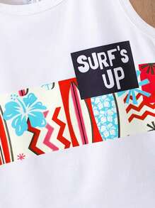 2pcs/Set Young Boy Casual Surfboard Print Sleeveless Crew Neck Top And Shorts Set, Suitable For Summer Vacation And Outdoor Daily Wear
