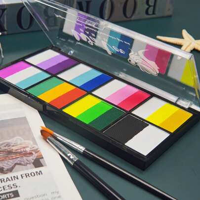 Paleta de pintura facial y corporal de 10 compartimentos solubles en agua con 2 pinceles, fácil de aplicar y limpiar, adecuada para actuaciones en el escenario, cosplay y pintura corporal en fiestas y festivales