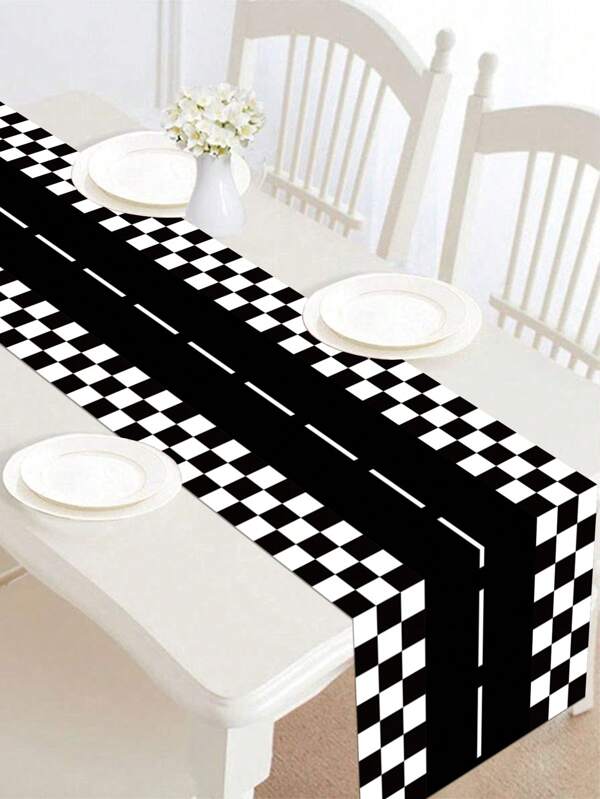 1 pieza Camino de mesa de 35*180cm con patrón a cuadros blancos y negros tipo circuito de carreras, mantel para decoración de fiesta de carreras, boda, baby shower, reunión familiar o celebración festiva para el hogar, cocina y comedor