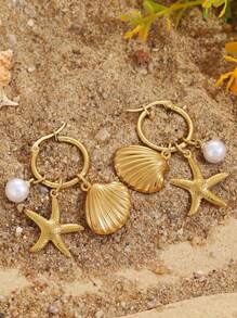 1pc Summer Shell Starfish Pearl Earrings Stainless Steel Ocean Style Gold Earrings Jewelry Women Beach Holiday Daily Wear