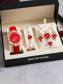 SOKI SOKI Bộ trang sức nữ nhân Ngày của Mẹ, 1 bộ gồm đồng hồ thạch anh mặt tròn tinh tế thời trang, dây chuyền mặt hình trái tim, bông tai, nhẫn và vòng tay. Bộ trang sức này phù hợp để đeo hàng ngày, làm quà sinh nhật, quà tựu trường, quà Lễ Tạ ơn và các dịp lãng mạn, là sự lựa chọn tốt nhất (Không bao gồm hộp quà). - Đỏ - Xem 8