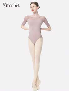 DonsGirl 1 Piece Women's Ballet Leotard - Elastic Mesh Patchwork 3/4 Sleeves, Modern/Classical Dance Bodysuit, Professional Performance Costume - Dusty Purple - View 11