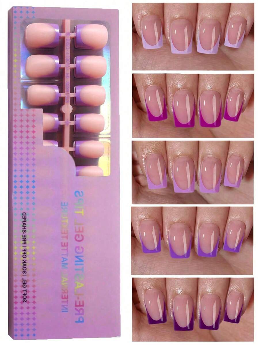 Juego de 150 piezas de puntas de uñas de gel para manicura francesa en forma cuadrada corta de color morado, 15 tallas, pegatinas de gel suave para uñas, extensión de uñas acrílicas, DIY, ideal para mujeres, accesorios para uñas