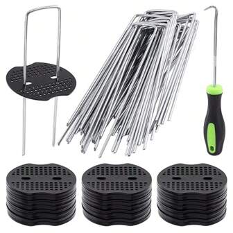 Set da 50 pezzi di picchetti per paesaggistica e anelli di fissaggio, picchetti in acciaio zincato per tappeto erboso, pesanti a forma di U, per tessuto di copertura del terreno, frutteto, giardino, tenda
