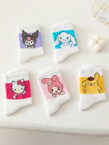 5 Pares de Meias Curtas para Meninas Sanrio, Meias Decorativas com Estampa Fofa de Coelho, Meias Casuais de Esporte na Moda e Versáteis, Meias Respiráveis Macias e Agradáveis à Pele até o Tornozelo, Adequadas para Uso Diário, Festas, Viagens, Festas, Volta às Aulas