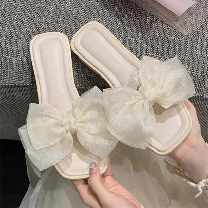 XIXITIAO XIXITIAO Sweet Fairy Style Mesh Bow Slippers For Spring And Summer Outdoor Wear, Non-Slip And Versatile Soft Bottom Casual Sandals, Suitable For Beach, Street, Vacation