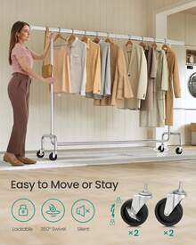 SONGMICS Clothes Rack With Wheels, Heavy-Duty Garment Rack With Extendable Hanging Rod, 243 Lb Load Capacity, 17.7 X (63-78.7) X 64.1 Inches, Chrome-Plated Coat Rack Back To School Travel Essentials Room Decor, Home Decor, Bedroom Decor Storage Organization And Storage - Silver - View 4