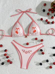 2pcs Set Ribbed Fabric Printed Spaghetti Strap Halter Tank Top And Side Tie Printed Triangle Shorts - Multicolor - View 1