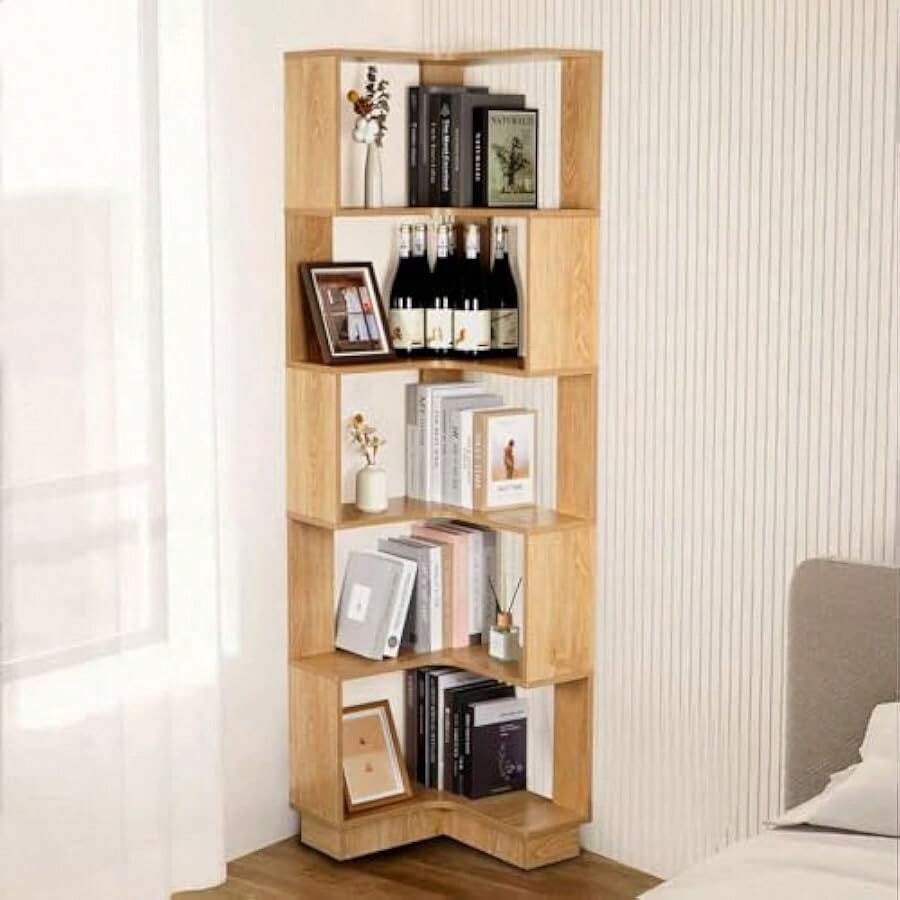 5 Tier Corner Standing Shelf Corner Bookshelf Unit Free Standing Bookcase Floor Standing Corner Shelf Book Storage Display Rack For Living Room Bedroom Office - as pic - View 1
