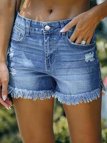 Casual Distressed Frayed Edge Slit Denim Shorts, Suitable For Daily Wear And Travel In Summer - Blue - View 4
