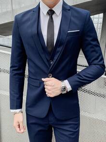 1 件男士纯色商务休闲西装外套，修身，轻薄，适合春夏季、工作、派对、婚礼 - 藍色 - 查看 4