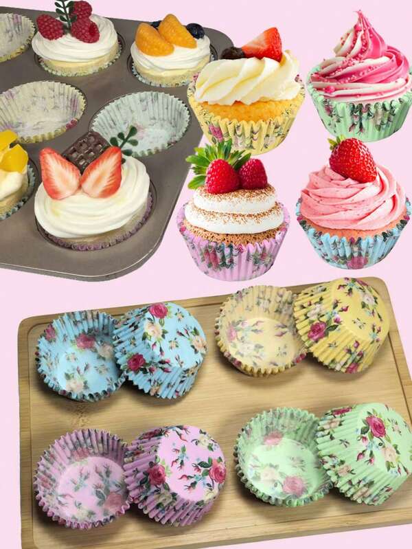 100pcs Flower Pattern Muffin Liners, Multi-Color Options, Heat Resistant Non-Stick Cupcake Baking Cups, Suitable For Wedding, Birthday, Christmas Party, Anniversary & All Holidays