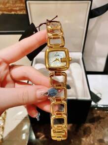 1 pieza Reloj de mujer de alta gama con estilo francés sencillo y elegante, personalizado, con incrustaciones exquisitas de rhinestones, esfera de nácar, correa de acero inoxidable hueca, diseño retro elegante y de lujo versátil, resistente al agua, reloj de cuarzo adecuado para ocio, vacaciones, fiestas y uso diario, se puede usar como un regalo de cumpleaños u ocasión festiva