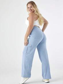 Plus Size Women's Cargo Jeans Mid Rise Wide Leg Jeans Stretchy Knit Denim Relaxed Fit Casual Pants
