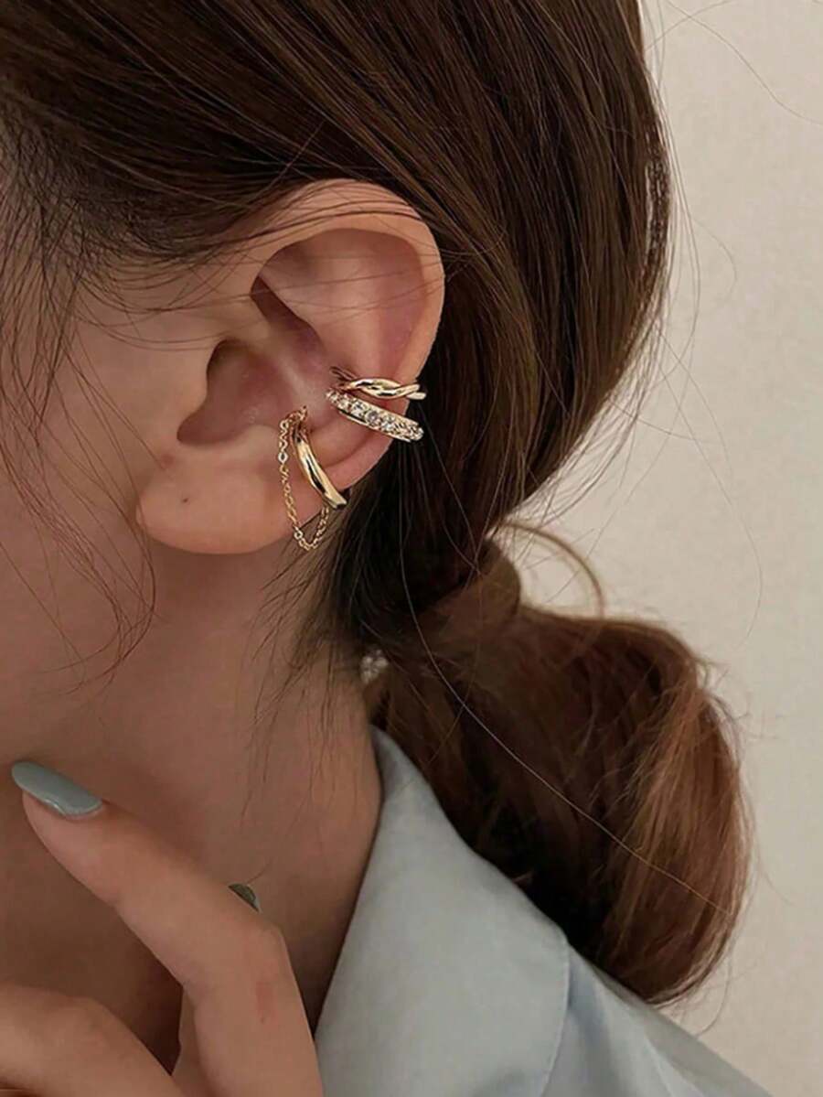مجموعة 3 قطع كليبس أذن عتيقة شخصية للنساء دون ثقب، مجموعة أقراط ذات تصميم بسيط فاخر - الذهبي - مشاهدة 1