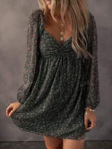 Acelitt Summer Ditsy Floral Shirred Front Patchwork Lantern Sleeve Dress
