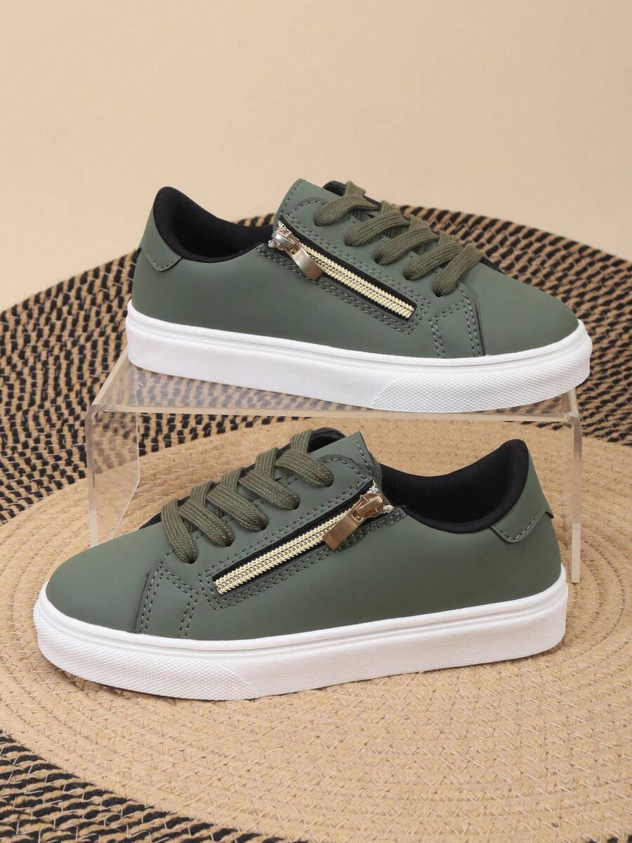 1 Pair Students' PU Leather Lace-Up Side Zipper Classic Thick Sole Anti-Slip Comfortable Soft Bottom Casual Sports Sneakers, Suitable For All Seasons