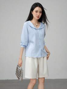 海军蓝条纹高领多巴胺时尚短款上衣 - 藍色 - 查看 3