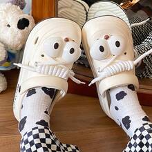 1 Pair Cartoon Eyes Patterned Fashionable Party Casual Cute Hollow Breathable Slip On Shoes For Women, Suitable For Summer, Party, Office And Home - White - View 5
