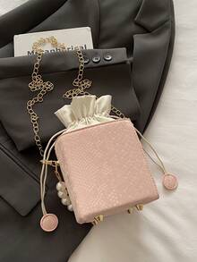 Mini Embossed Crocodile Skin Drawstring Acrylic Box, Fashion Drawstring Closure Pearl Handbag - Pink - View 10