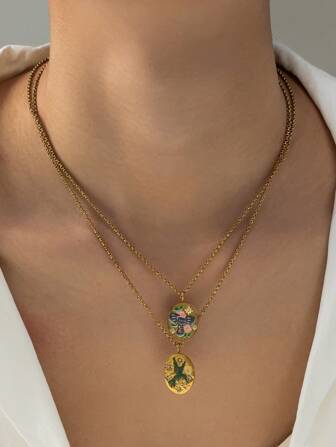 1 件不锈钢材质时尚彩绘大象蓝鸟图案吊坠项链，镶嵌锆石，镀 18K 金，送给妻子、女朋友和母亲的理想礼物