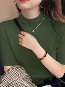 WOMEN'S HIGH NECK KNITTED BLOUSE WITH SIMPLE HALF SLEEVE, RIB FABRIC S M L - 軍綠色 - 查看 3