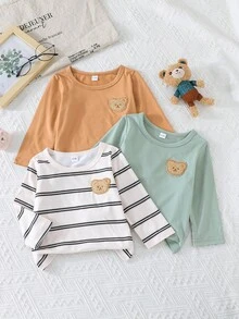 3 件套男婴休闲时尚简约熊刺绣条纹圆领长袖 T 恤 + 2 件纯色 T 恤，春/秋