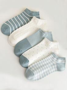 5 Pairs Women's Solid Color Ankle Socks, Summer Boat Socks, Plaid Design