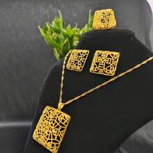 1 set colier, cercei și inel elegant de lux pentru femei, din aliaj de cupru, design auriu, non-Orientul Mijlociu, set de 3 piese, potrivit pentru orice ocazie, poate fi oferit cadou