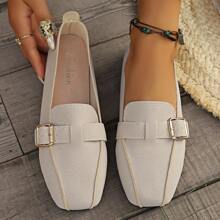 New Spring/Summer Women's Casual Square Toe Flat Loafers, Belt Buckle Decor, Slip On Comfortable Plus Size Shoes