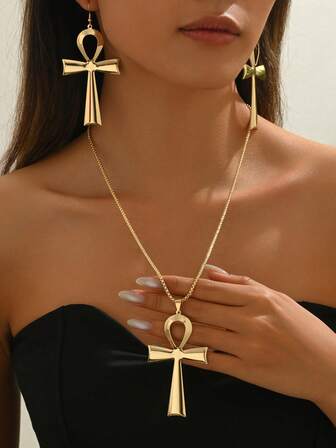 1 套时尚简约创意古埃及 Ankh 吊坠项链和耳环，适合女性日常佩戴
