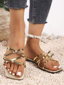 Versatile & Comfortable Solid Color Square Toe Beach Slippers, Suitable For Party, Home & Outdoor Wear In Summer - Gold - View 4