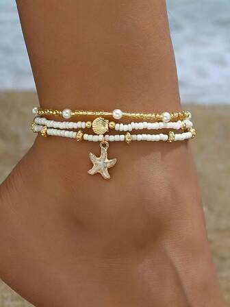 1 件 3 件/套波西米亚海滩风格串珠贝壳和海星脚链，海洋主题女式脚链