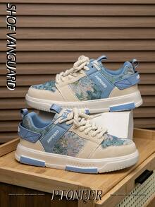 Men's Random Forest Print Versatile Comfortable Flat Casual Shoes, Outdoor Street Color Block Leather Patchwork Couple Lightweight Low-Top Sneakers - Milan - View 5