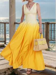 Vestito casual di nuova primavera/autunno 2025, in stile retrò francese da vacanza, senza maniche, vita alta, colore sfumato, scollo a V, sottile