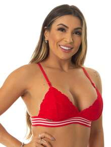 Non-Padded Lace Top Bra With Elastic Trim. - Red - View 2