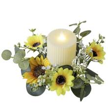 1pc Home Decor Small Wreath, Spring Sunflower & Eucalyptus Candle Holder Wreath, Wedding Party Festival Decoration Mini Ornament, Table Centerpiece Artificial Flowers