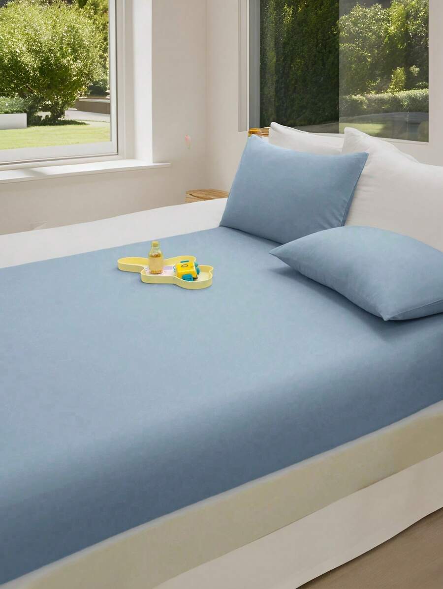 CNZB-1pc Solid Color Brushed Fitted Sheet, Light Blue Bed Cover For Bedroom, Bedding