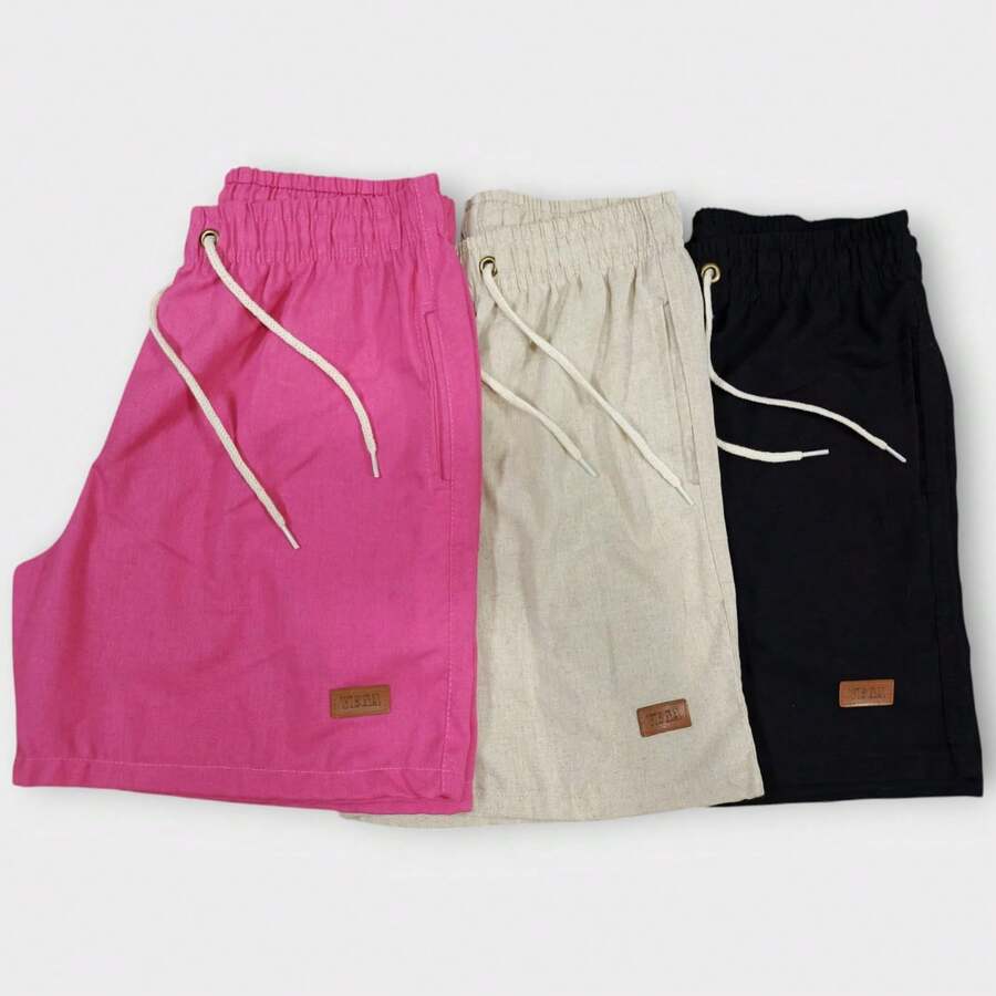 Kit 3 Premium Linen Shorts Bermuda Mauricinho Men's Casual Basic Comfortable Leather Label Detail - 泡泡糖粉 - 查看 1
