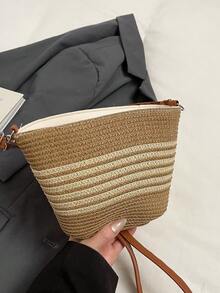 1pc Fashion Retro Woven Small Bag Japanese Striped Crossbody Straw Bag Paper Rope Casual Beach Bag Commuter Crossbody Bag, Smooth Zipper Closure, Casual And Simple Style, Suitable For Girls To Go Out Shopping, Daily Use, It Is A Good Choice To Give A Little Girl A Gift, A Must-Have Item For A Beach Vacation - Straw Small Shoulder Bag - View 11