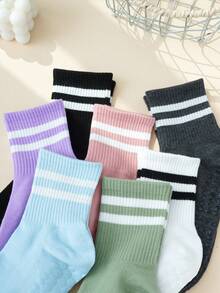 1 Pair/7 Pairs Women's Yoga Crew Socks With Stripes & Solids, Suitable For Yoga, Pilates, Gym Outfits - Non-Slip Silicone Dot Design, Breathable - Multicolor - View 6