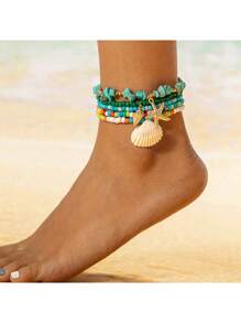 2-6pcs/Set Bohemian Style Starfish & Beaded Braided Anklet For Girls, Ocean Theme, Beach, Seashell,Summer Jewelry,Gold Jewelry Women