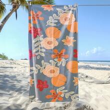 1件装，蓝橙色花卉图案沙滩巾，轻便、速干、吸水性强，71英寸 x 31.5英寸