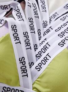 Set de 5 sujetadores deportivos de apoyo medio, con letras estampadas, de tela de costilla, cómodos y de moda casual para mujeres
