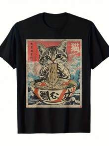 1 Cute Cat Ramen Anime T-Shirt Boy Cotton T-Shirt Soft And Comfortable Suitable For Casual Daily Wearing - 黑色 - 查看 1