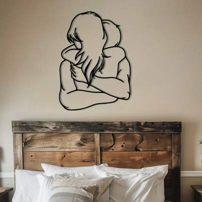 1pc Metal Couple Hugging Outline Wall Art, Black Indoor/Outdoor Wall Decor Sculpture For Home Office, Easy Installation, Suitable For Bedroom, Living Room, Christmas And Valentine's Day Gift